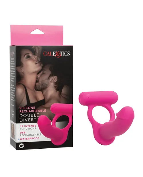Vibrators Couples Enhancers Silicone Rechargeable Double Diver Couples Ring Pink