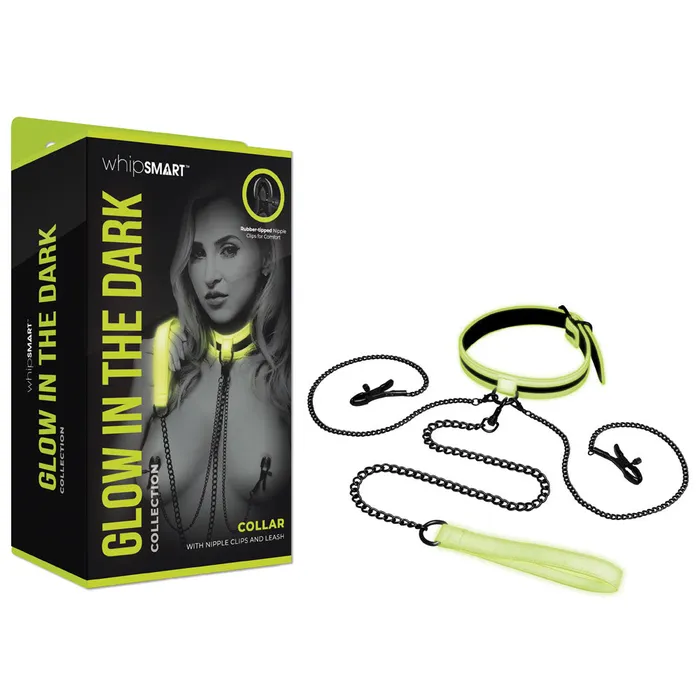 WhipSmart Glow In The Dark Collar with Nipple Clips Leash WhipSmart Female Sex Toys