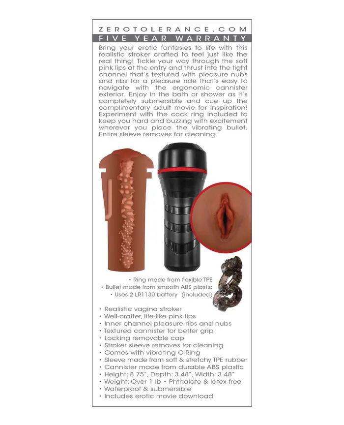Zero Tolerance Pop On The Go Realistic Vagina Stroker Chocolate Zero Tolerance Male Sex Toys